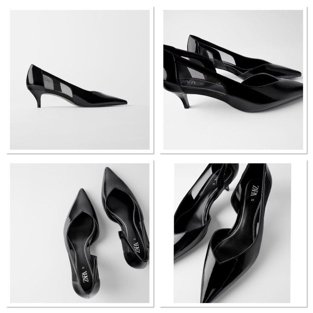🆕Zara Black Faux Patent Mesh Kitten-Heel Shoes